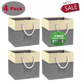 12" Foldable Storage Bins, 4 Piece Set Fabric Closet Drawers Organizer with Cotton Handles for Organizing Shelf Cabinet, Gray