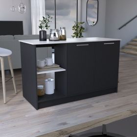 Juniper Kitchen Island with Large Top Surface, Double Door Cabinet, and Open Shelves Black / Ibiza Marble