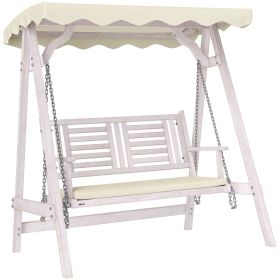 2 Seater Patio Swing with Stand, Canopy and Cushion, Outdoor Swing Chair Wooden Swinging Bench