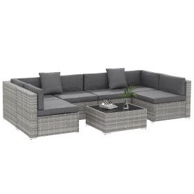 7pc Patio Wicker Set w/ Tea Table Wicker Sectional Sofa Set Grey