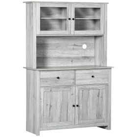 HOMCOM 63.5" Kitchen Pantry Cabinet Storage with Hutch, 4 Shelves, Drawers, Glass Doors, Open Microwave Countertop, Ash Gray