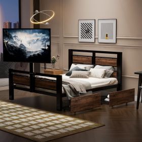 Twin Size Metal Platform Bed with MDF Headboard and Footboard,Two Storage Drawers and Rotatable TV Stand,Black