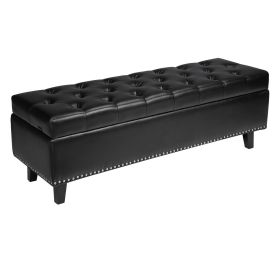 Button-Tufted Storage Ottoman Bench PU Leather Bench with Wood Legs Black